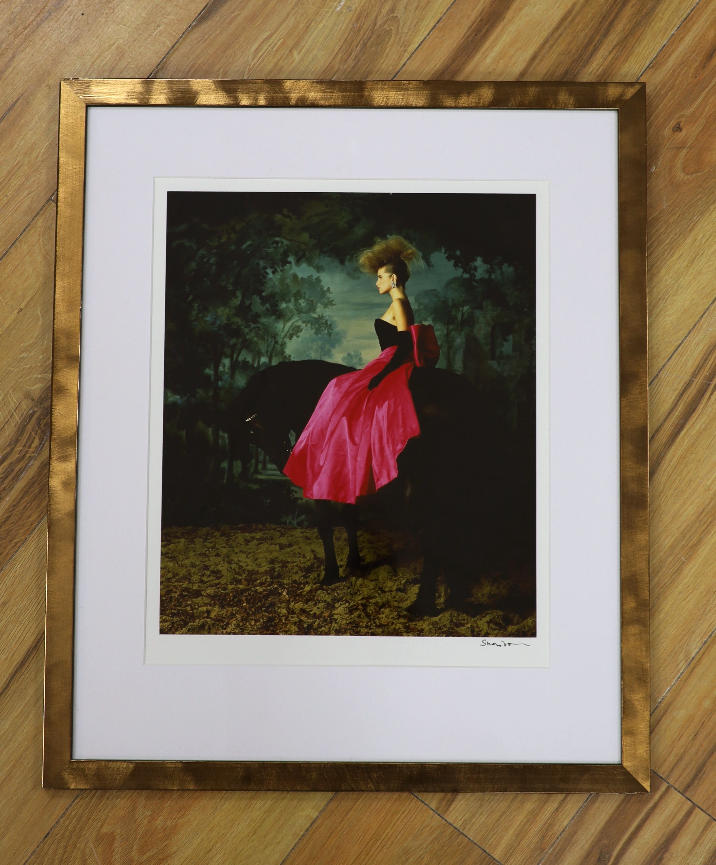 Lord Snowdon, colour photograph, Fashion model on horseback, signed, 35 x 30cm